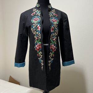 Linen Blend Embroidered Blazer Jacket Mandarin Collar Womens XS Floral Black
